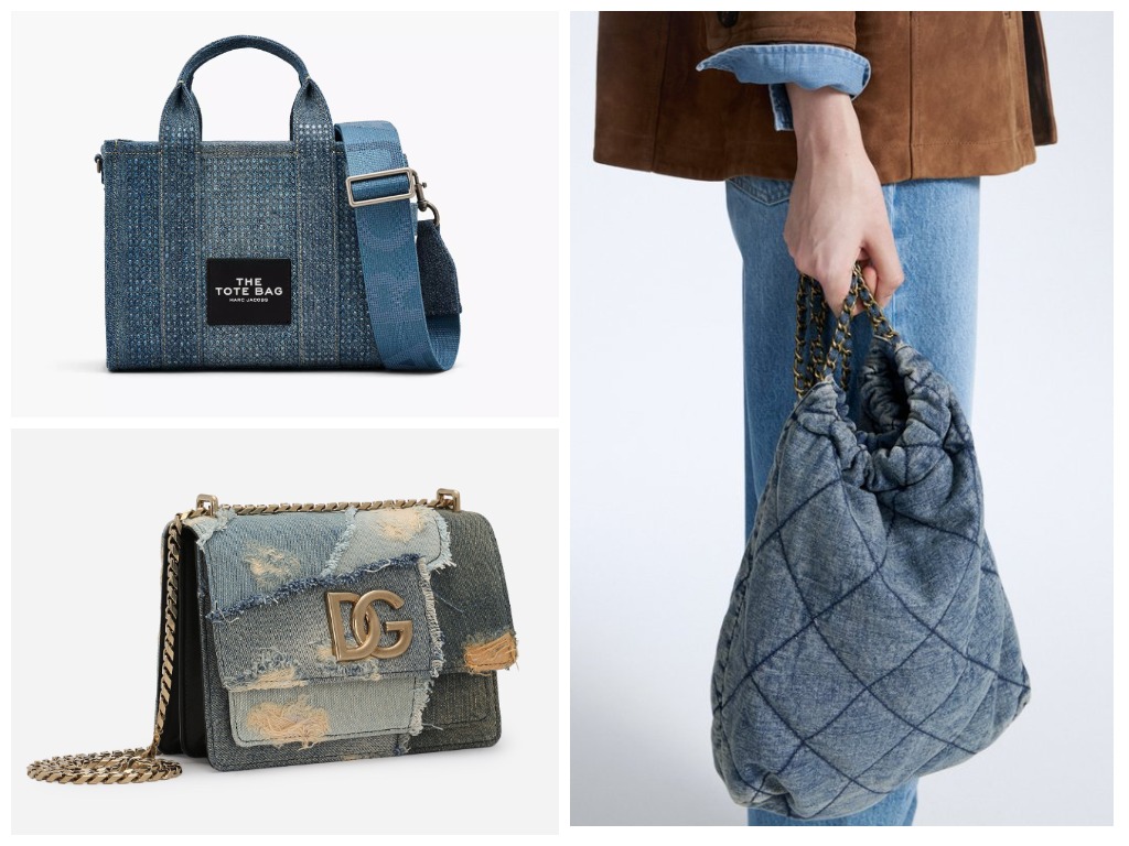 Фото: архивы пресс-служб. Сумка The Crystal Denim Small Tote Bag, Marc Jacobs; Джинсовая сумка кросс-боди, Dolce&Gabbana; Стеганая сумка-тоут, Lime