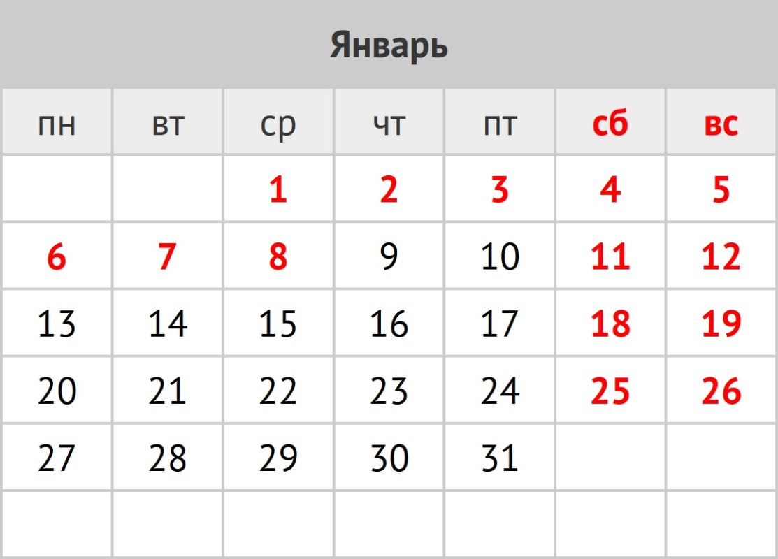 Каленарь официальных выходных и рабочих дней в январе 2025 года