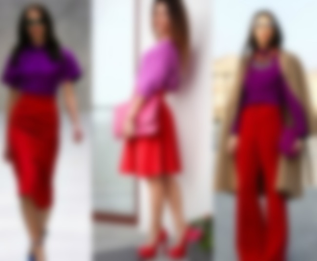 Сочетание фиолетового цвета с красным в одежде